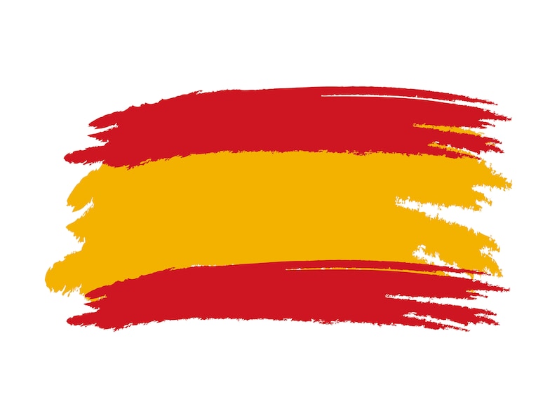 May include: A stylized, brushstroke-style depiction of the Spanish flag. The flag is red and yellow with two horizontal stripes.