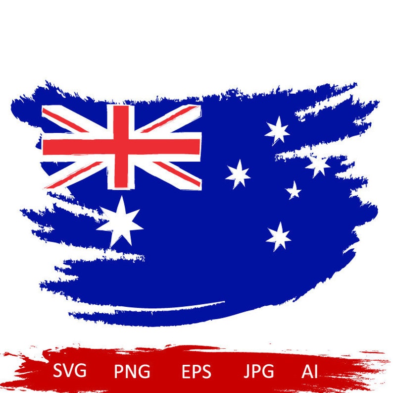 May include: A blue and red Australian flag with a white background. The flag is painted in a brushstroke style. The flag is surrounded by a white background. The words "SVG, PNG, EPS, JPG, AI" are written in red on a white background below the flag.