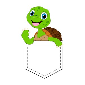 May include: A green turtle with a brown shell is peeking out of a white pocket. The turtle is smiling and has blue eyes.
