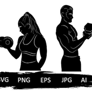 Silhueta de fitness de mulher e homem, haltere svg, esporte svg, logotipo de academia svg, clipart de musculação, treino svg, figura svg, corpo svg, pres svg, treinador