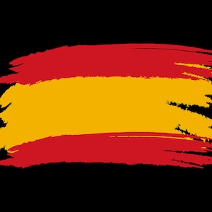 May include: A stylized, brushstroke-style depiction of the Spanish flag. The flag is red and yellow with a horizontal stripe pattern.