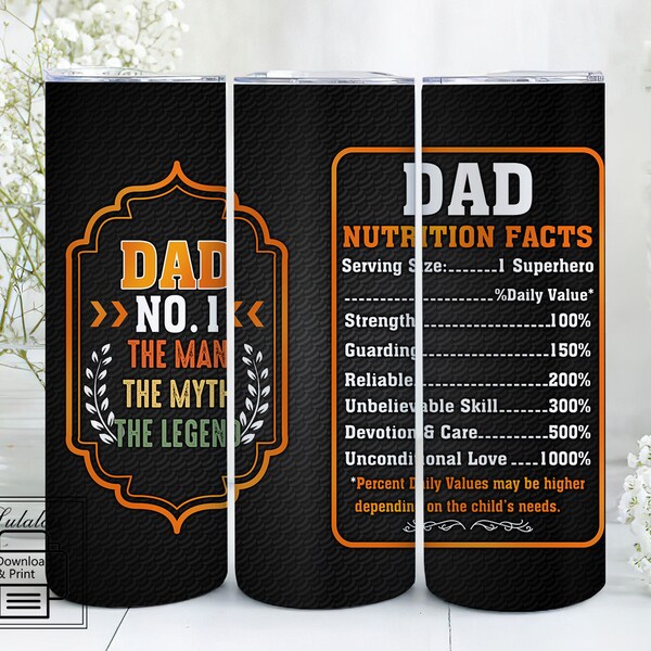 Involucro per bicchiere di papà, dati nutrizionali di papà tumbler Png, regalo per la festa del papà, sublimazione del bicchiere magro da 20 once di papà, download PNG istantaneo di papà