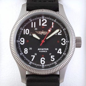 Aviator 19 Jewels Vintage Mechanical Pilot Watch, Hand Wound Military Style Wrist Watch, Black Dial, Gift for Him