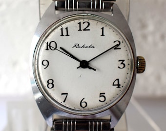 Vintage RAKETA Mechanical Watch, Russian USSR Stainless Steel Band