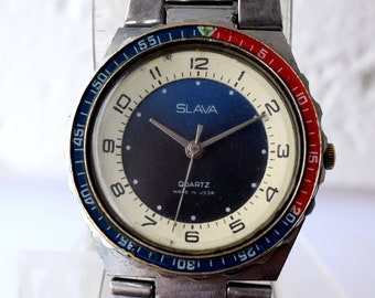 Slava Pepsi Wristwatch, Vintage Soviet Quartz Watch, Stainless Steel