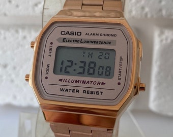 Montre numérique CASIO en or rose A168WG - Montre chrono avec alarme Casio, montre résistante à l'eau, montre-bracelet unisexe, montre japonaise, cadeau de Noël