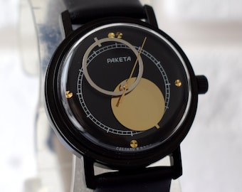 Raketa Copernic Vintage Watch, Black Soviet Moon Watch, Gift