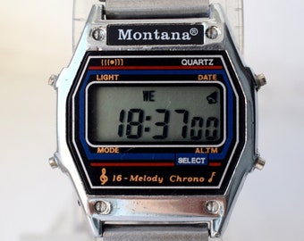 MONTANA Original Retro Rare Vintage Chronograph Melody Alarm Digital Watch from 80s lluminator Watch, Unisexs Wristwatch, gift
