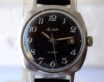 Vintage Slava Wristwatch, Mechanical Soviet Watch, 21 Jewels