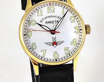 Raketa Shturmanskie Pilot Watch, Mechanical 2609HA 19 Jewels, Hand Wound Military Style Watch, White Dial, Gift for Him