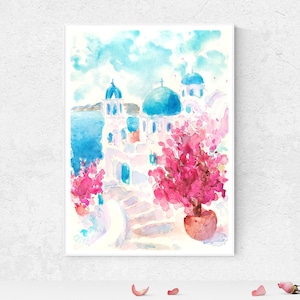 Santorini Watercolor Digital Print Santorini Greece Wall Art Mediterranean Summer Landscape Instant Download Travel Printable Wall Art