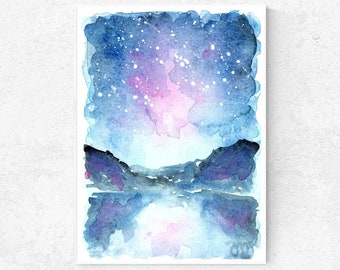 Indigo Galaxy Watercolor Print: Abstract Starry Sky Landscape (Digital Download)