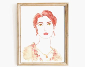 Redhead Woman Watercolor Portrait Print: Cottagecore Wall Art (Digital Download)