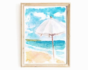 Beach Umbrella Watercolor Print: Coastal Seascape Painting (Digital Download)