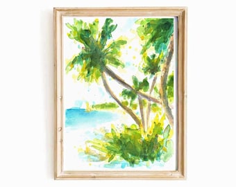 Palmiers de plage hawaïenne aquarelle impression numérique paysage d'été tropical côtier téléchargement immédiat côte d'Hawaï art mural imprimable