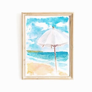 ビーチパラソルの水彩画デジタルプリント、夏の風景、ビーチ、海岸の絵画、即時ダウンロード、カリフォルニアの海景、印刷可能なウォールアート