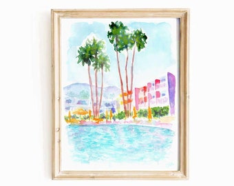 Palm Springs Printable Wall Art Piscine Aquarelle Impression numérique Saguaro Hotel Print Coloré Palmiers Paysage Téléchargement instantané