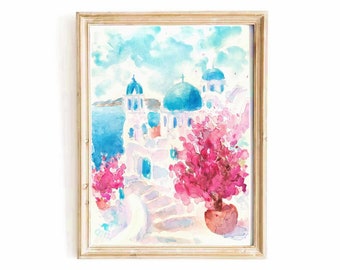 Santorini Watercolor Digital Print Santorini Greece Wall Art Mediterranean Summer Landscape Instant Download Europe Travel Printable Art