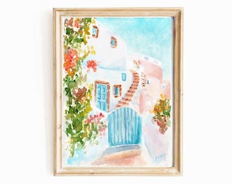 Santorini Street Watercolor Painting: Mediterranean Summer Art (Digital Download)