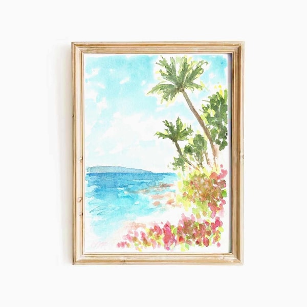 Hawaii Palm Trees Beach Watercolor Print Tropical Summer Hawaiian Island Maui Printable Art Kahului Landscape Tropical Instant Download