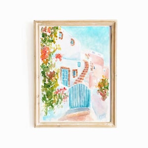 Santorini Greece Watercolor Digital Print Santorini Street Painting Mediterranean Summer Landscape Instant Download Printable Wall Art