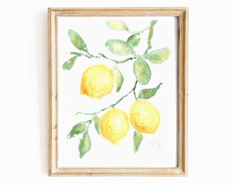 Impressão em aquarela de limoeiro: ilustração de galho de frutas cítricas, arte de parede para cozinha (download digital)