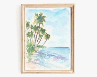 Maui Beach Aquarell Druck: Tropische Palmen Landschaft (Digitaler Download)