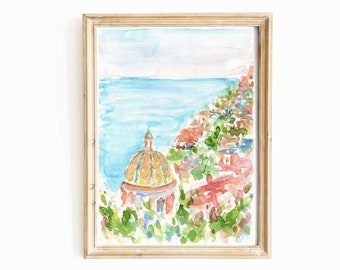 Amalfi Coast Watercolor Print: Positano Italy Seascape Wall Art (Digital Download)