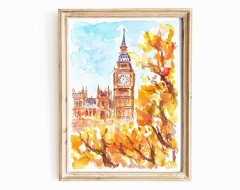 Aquarelprint Big Ben: kleurrijke herfstkunst aan de muur Londen (digitale download)
