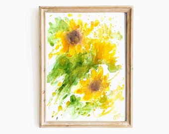 Abstract Sunflower Watercolor Digital Print Yellow Flower Colorful Botanical Printable Wall Art Colorful Floral Painting Instant Download