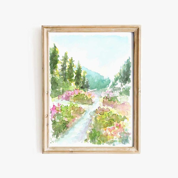 Colorful Colorado Mountain Watercolor Print Pine Trees Forest Pintable Wall Art Mountain Flower Landscape Instant Download Travel Wall Art