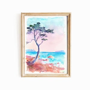California Coast Watercolor Print: Cypress Tree Seascape (Digital Download)