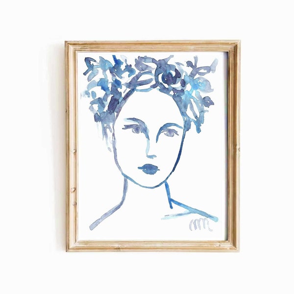 Abstract Woman Portrait Indigo Watercolor Print Navy Blue Minimalist Girl Face Illustration Instant Download Printable Wall Art