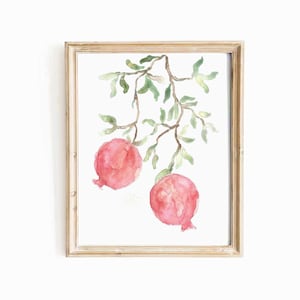 Pomegranate Branch Watercolor Print: Garden Fruit Tree Illustration (Digital Download)