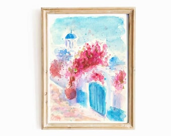 Santorini Watercolor Print: Greek Island Landscape Wall Art (Digital Download)