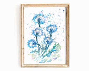 Blue Dandelion Watercolor Print: Abstract Floral Wall Art (Digital Download)