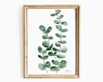 Impression aquarelle botanique minimaliste Branche d'eucalyptus Illustration Art mural imprimable Plante verte Feuilles Verdure Téléchargement immédiat