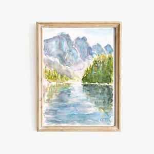 Banff Mountain Lake Watercolor Digital Print Lake Moraine Canada National Park Printable Wall Art Mountain Landscape Instant Download