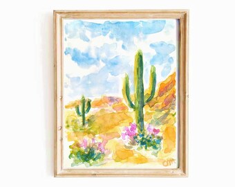 Saguaro Cactus Watercolor Print: Southwest Desert Landscape (Digital Download)