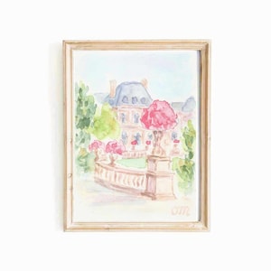 Paris Luxembourg Garden Watercolor Print: Pastel Pink Parisian Street (Digital Download)
