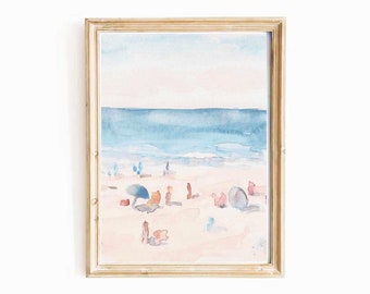 Pastel Blue Beach Watercolor Print: Preppy Coastal Seascape Wall Art (Digital Download)
