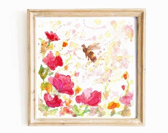 Honey Bee Watercolor Print: Hot Pink Floral Wall Art, Bumblebee Print (Digital Download)