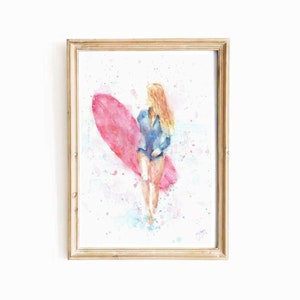 Abstract Surfer Girl Pastel Pink Watercolor Digital Print Hawaiian Surfer Surfboard Printable Wall Art Aloha Surf Coastal Instant Download