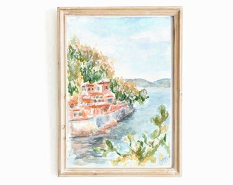Stampa digitale ad acquerello di Portofino, Italia: Costa Mediterranea (Download digitale)