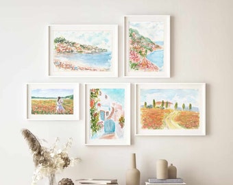 Set Of 5 Mediterranean Coastal Seascape Watercolor Print Italy Amalfi Coast Printable Wall Art Tuscany Italy Landscape Instant Download