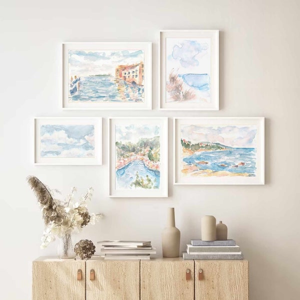 Pastel Blue Set Of 5 Mediterranean Coastal Seascape Watercolor Print Italy Summer Printable Wall Art Italian Coast Print Instant Download