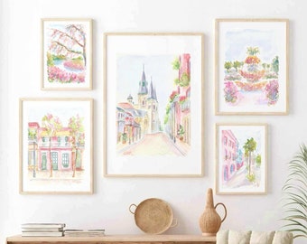 Juego de 5 impresiones en acuarela de Nueva Orleans, Luisiana, Charleston, Carolina del Sur, descarga instantánea, arte imprimible de viaje al sur de Estados Unidos
