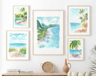 Colorful Set Of 5 Hawaiian Beach Summer Watercolor Print Kauai Coastal Printable Wall Art Hawaii Island Tropical Coast Instant Download