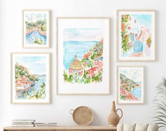 Set Of 5 Italy Watercolor Prints Amalfi Landscape Print Mediterranean Seascape Printable Wall Art Portofino Italian Coast Instant Download