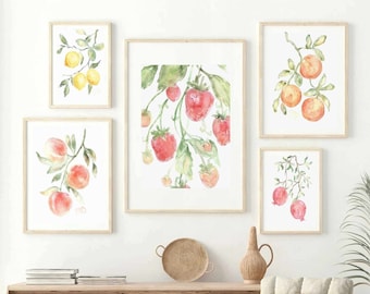 Preppy fruit aquarelprintset: kleurrijke keukenmuurkunst (digitale download)